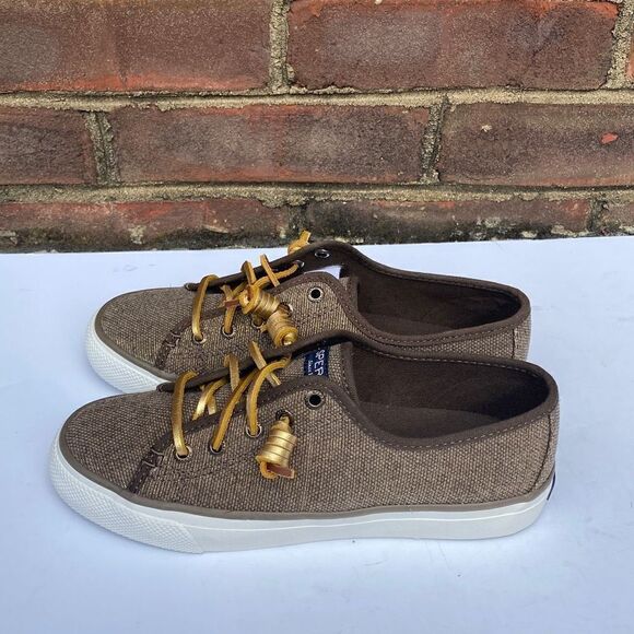 Sperry Top Sider Taupe & Gold Sparkle Seacoast Canvas Sneakers Size 5.5 NEW - Picture 1 of 9